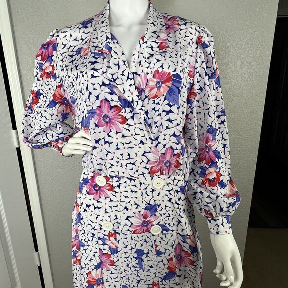 Cheminee New York Size M Vintage 70s Floral Bishop Sleeve Pleated Midi Dress - Picture 7 of 11